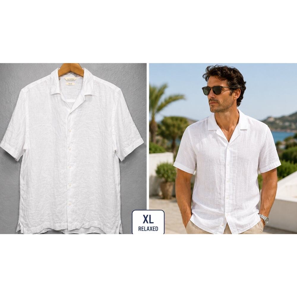 SuitSupply Pure Linen Shirt Men’s XL White Button Up Camp Collar Short Sleeve